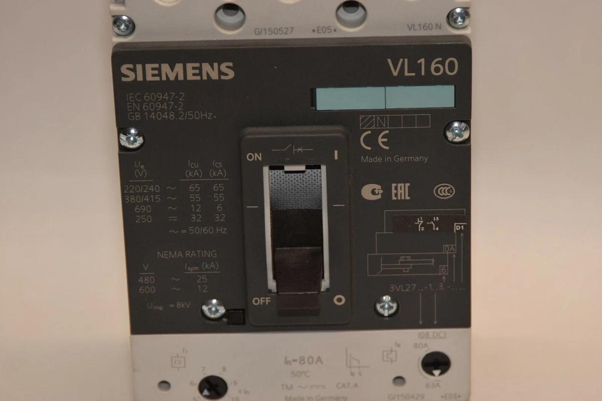 Used Siemens Vl160 80a Circuit Breaker 80 Amp 3VL2716-1AA36-0AA0  3VL9208-7DC30