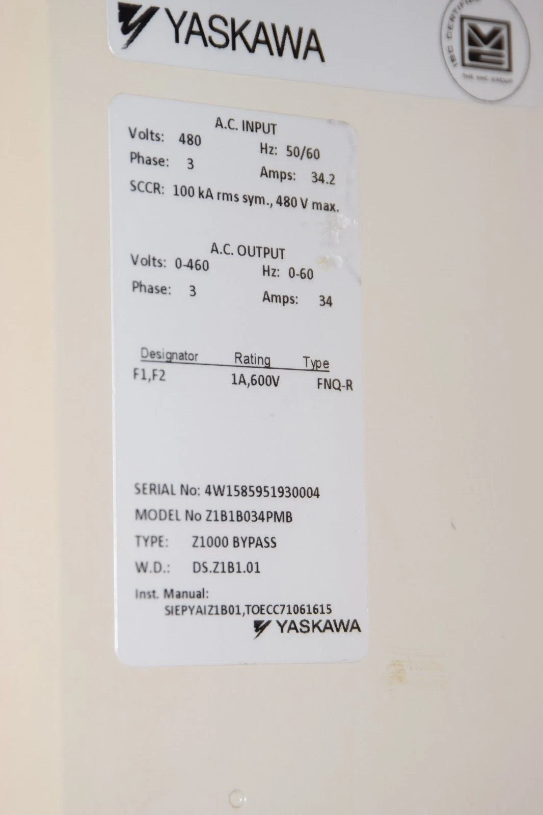 Used Yaskawa AC Drive Z1B1B034PMB Z1000 Bypass Inverter 3ph 480v 34a CIMR-ZU4A0034FAA