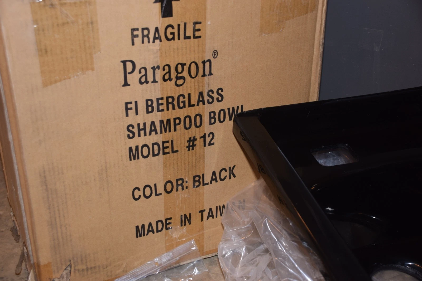Used (New) Paragon 12 UPC Black Fiberglass Salon Shampoo Bowl sink with GLT-05 faucet