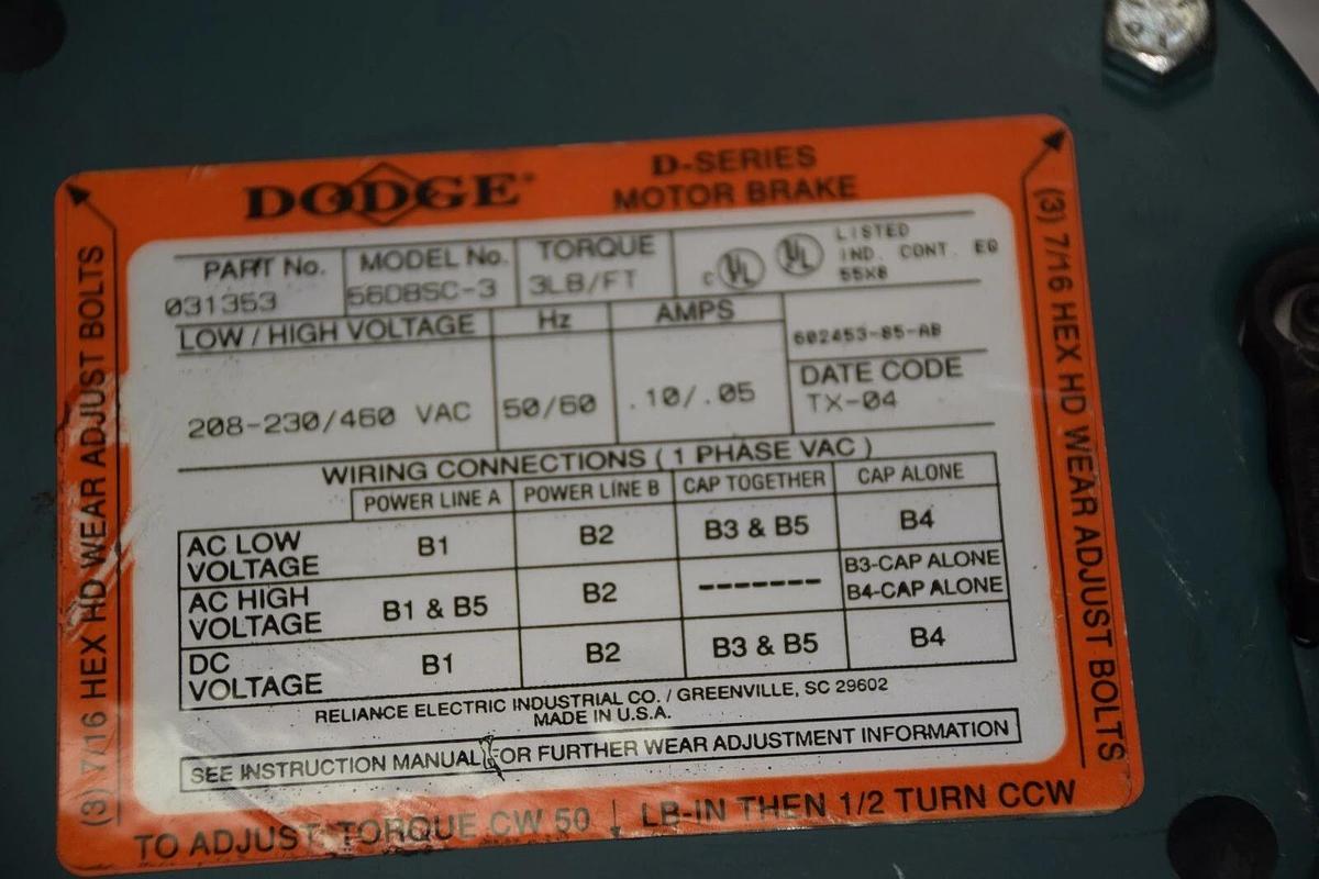 New Reliance Duty Master Motor Brake Unibrake 56DBSC-3 230/460v 3lb 031353