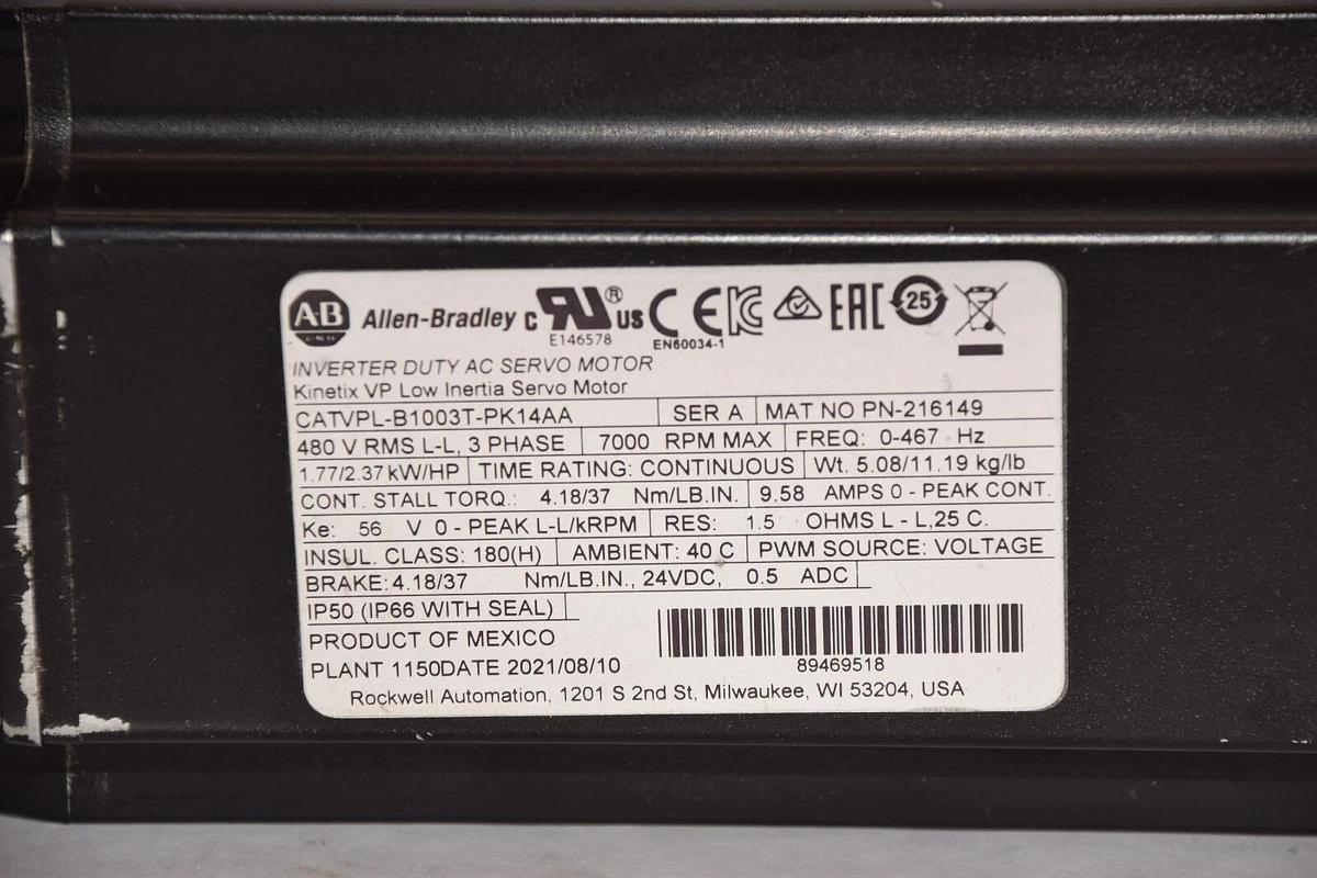 Used ALLEN BRADLEY CAT VPL-B1003T-PK14AA Series A 480V 3Ph Kinetic AC Servo Motor