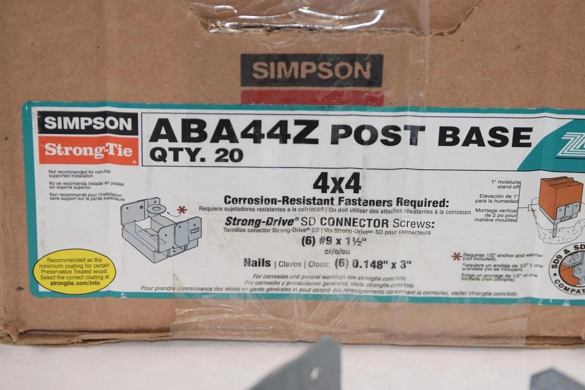 (NEW - Box of 20) SIMPSON ABA44Z 4x4 Metal Post Base