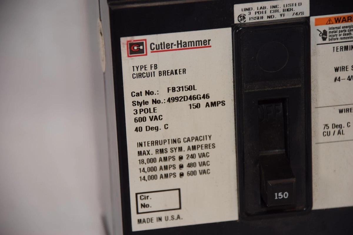 CUTLER HAMMER Circuit Breaker FB3150L 4992D46G46 3Pole 150A 150 Amp 600V 3p NEW