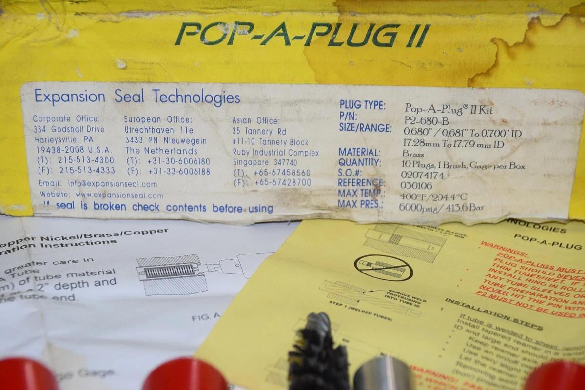 Used Pop-A-Plug II Kit P2-680-B  (9 plugs) 0.680"/0.681 to 0.700" 17.28"mm 17.79mm