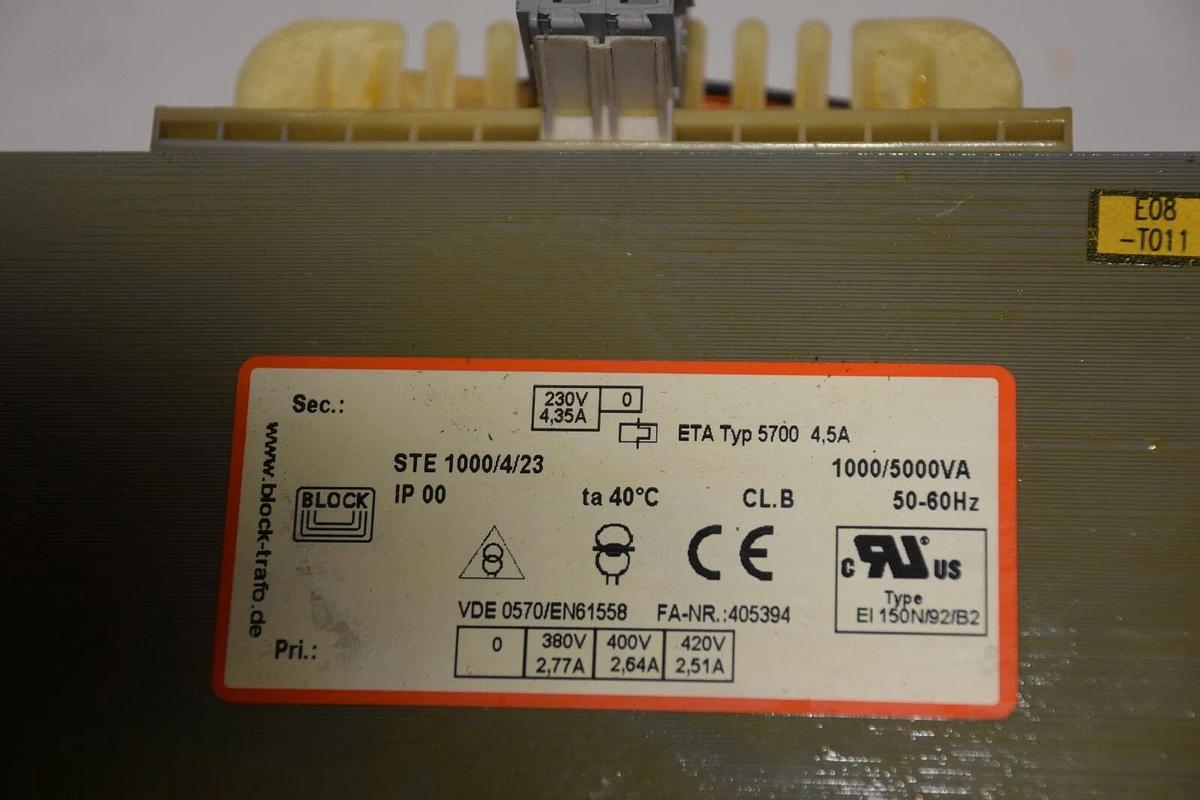 Used BLOCK TYPE 5700 STE1000/4/23 1000/5000VA 4,5A 50-60Hz TRANSFORMER