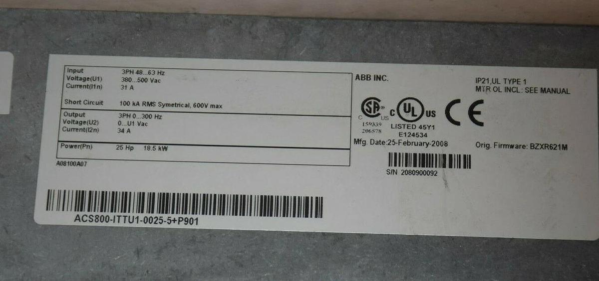 Used ABB 25HP VFD AC Drive 380-500v 3ph  ACS800-ITTU1-0025-5+P901 ACS800 18.5 Kw