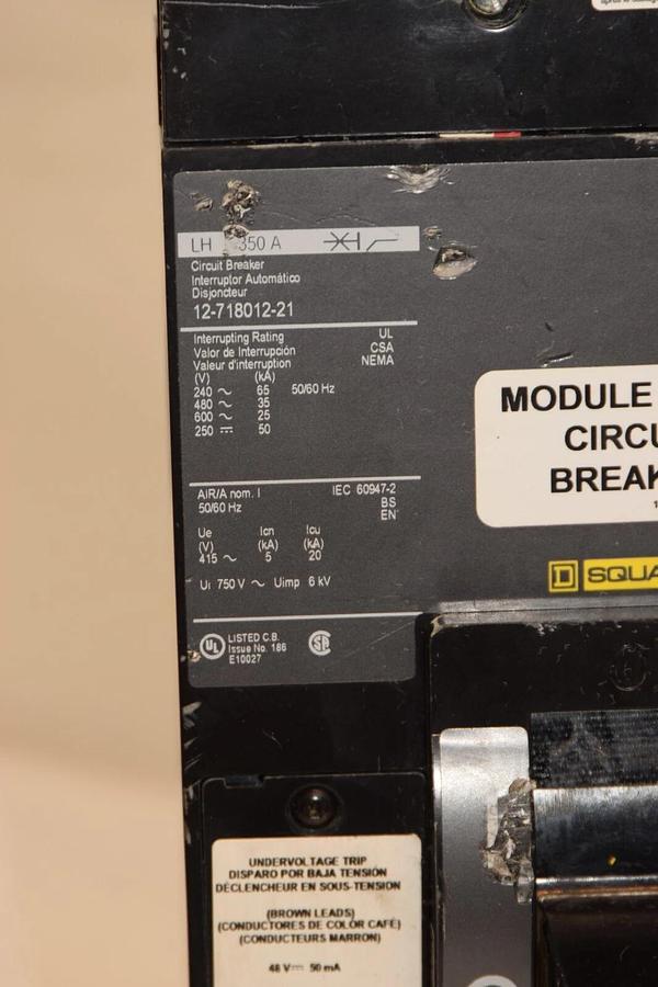 Used Square D 12-718012-21 3-Pole 350A 350 Amp A 600V Circuit Breaker LH 350A LH350A