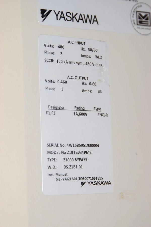 Used Yaskawa AC Drive Z1B1B034PMB Z1000 Bypass Inverter 3ph 480v 34a CIMR-ZU4A0034FAA