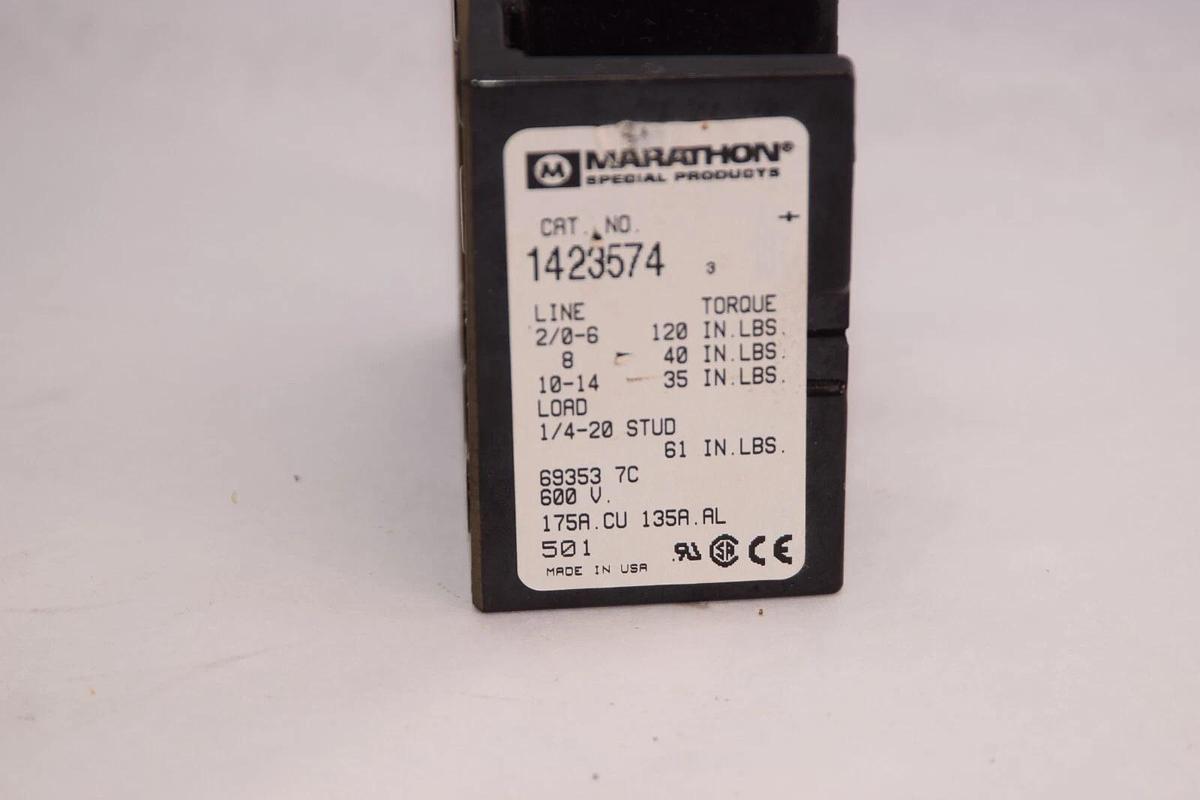 Used MARATHON 1423574 600V 175A CU , 135A AL Terminal Block