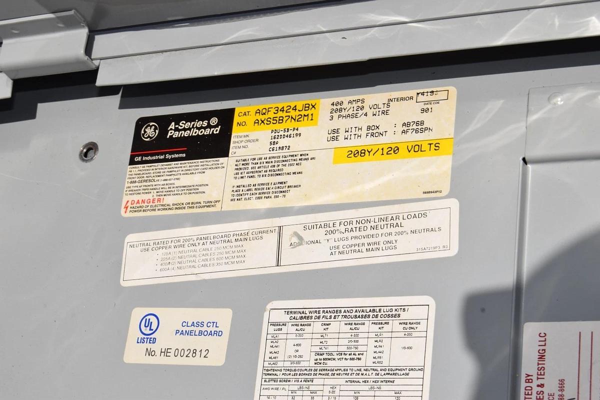 Used General Electric GE A-Series II Panelboard Panel AQF3424JBX 400A 208y/120 3ph 4w