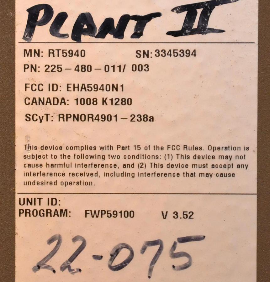 Used NORAND BAR CODE ID STATION WITH ANTENNA RT5940 3345394 225-480-011/003