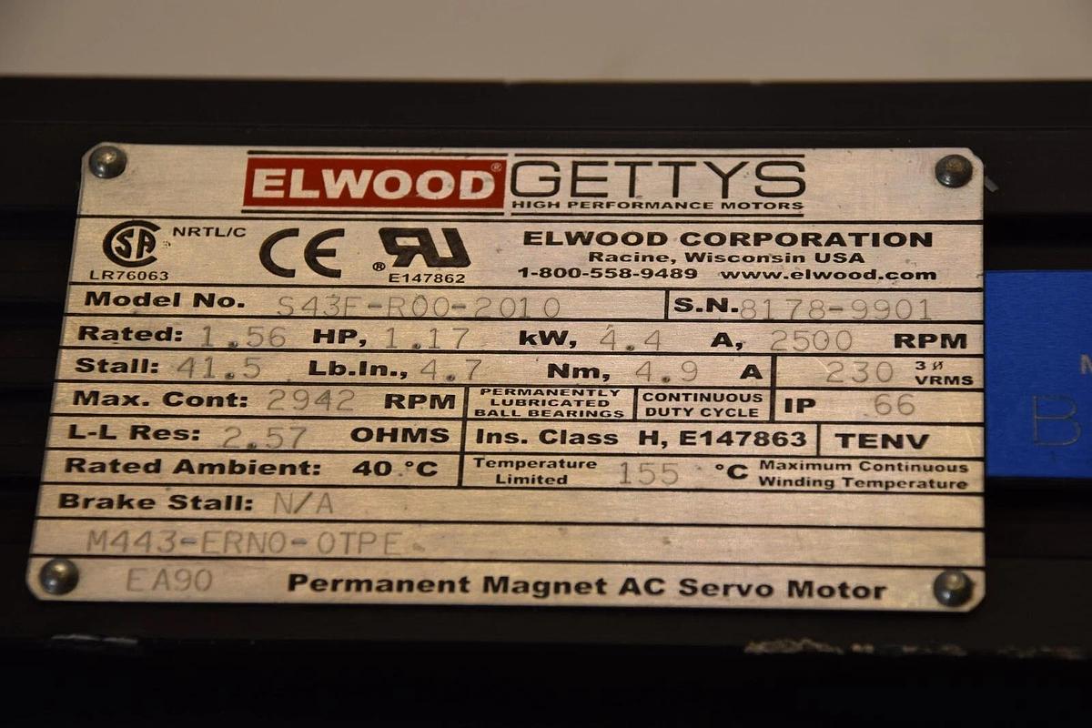 Used ELWOOD GETTYS S43F-R00-2010 1.56HP 1.17kW 4.4A 2500rpm Servo Motor