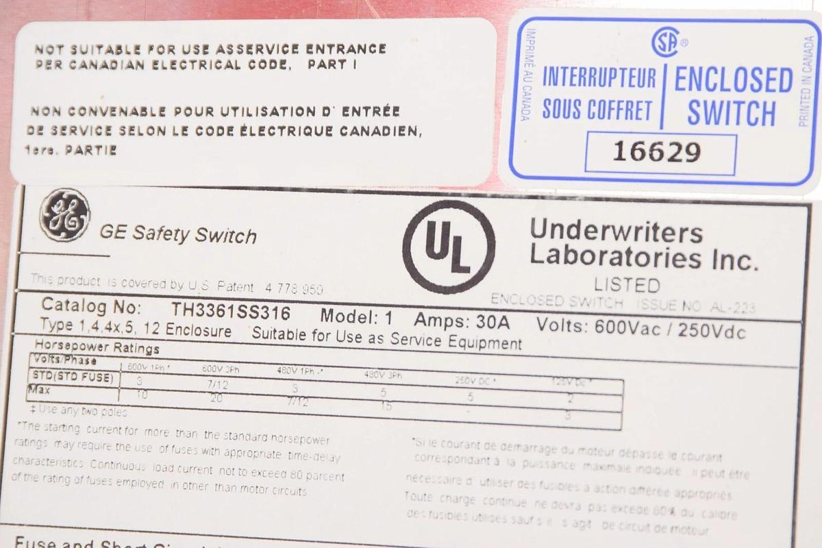 Used GE GENERAL ELECTRIC TH3361SS316 Model 1 30A Amp 600V Safety Switch W/ 20Amp Fuse