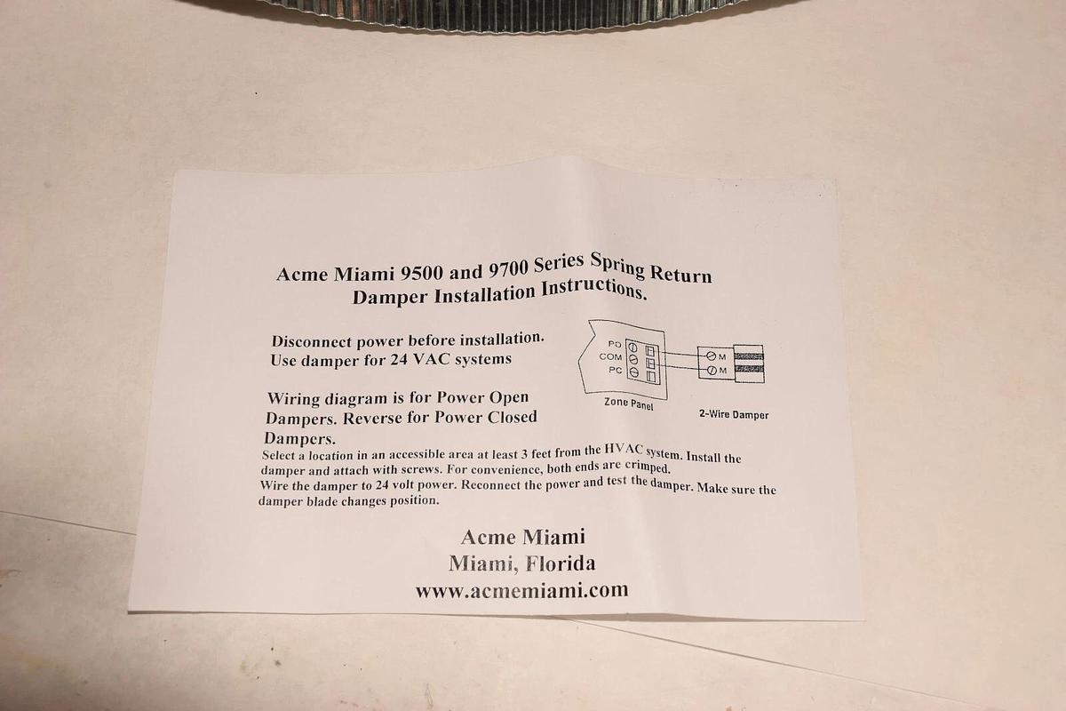 ACME MIAMI 95012 24Vac 12" Power Damper Power Open - Normally Closed N/C (NEW)