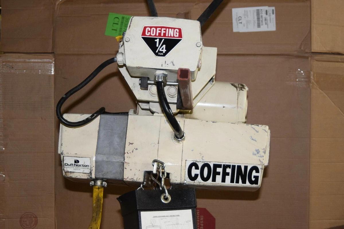Used Coffing 1/4 Ton Electric Chain Hoist EC05163 15' Lift 230/460v 3ph w/ Trolley