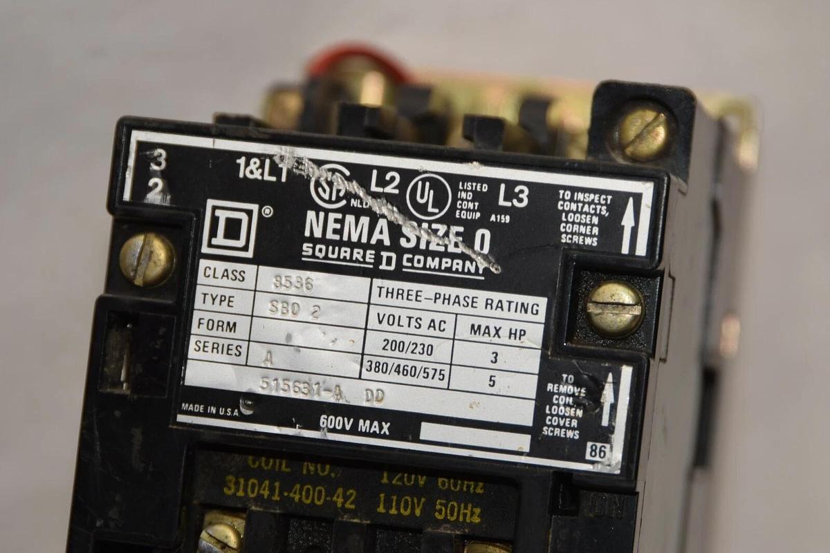 Used SQUARE D Starter 8536 SB0-2 SB02 SBO-2 SBO2 8536SB0-2 Size Sz 0 110/120v Coil