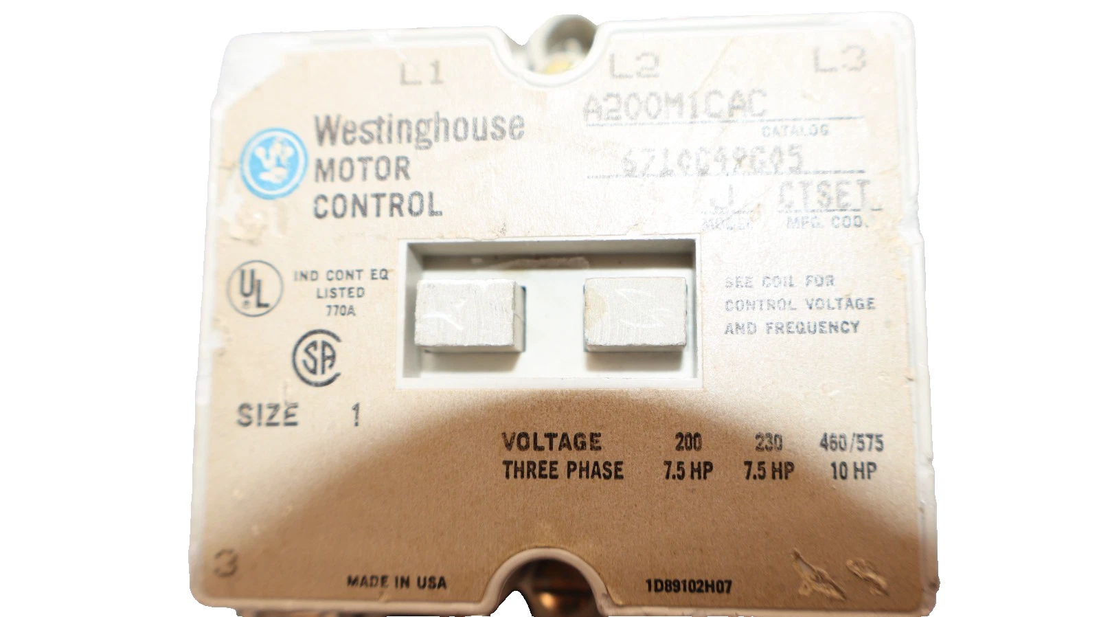 Used Westinghouse Motor Control Starter Size Sz 1 A200M1CAC Model J 110/120V Coil