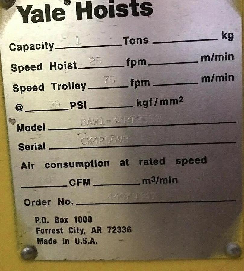 Yale AW 1 Ton Air Hoist BAW1-32RT 648782671 E13MDNS518X0A8 1T Pneumatic (NEW)