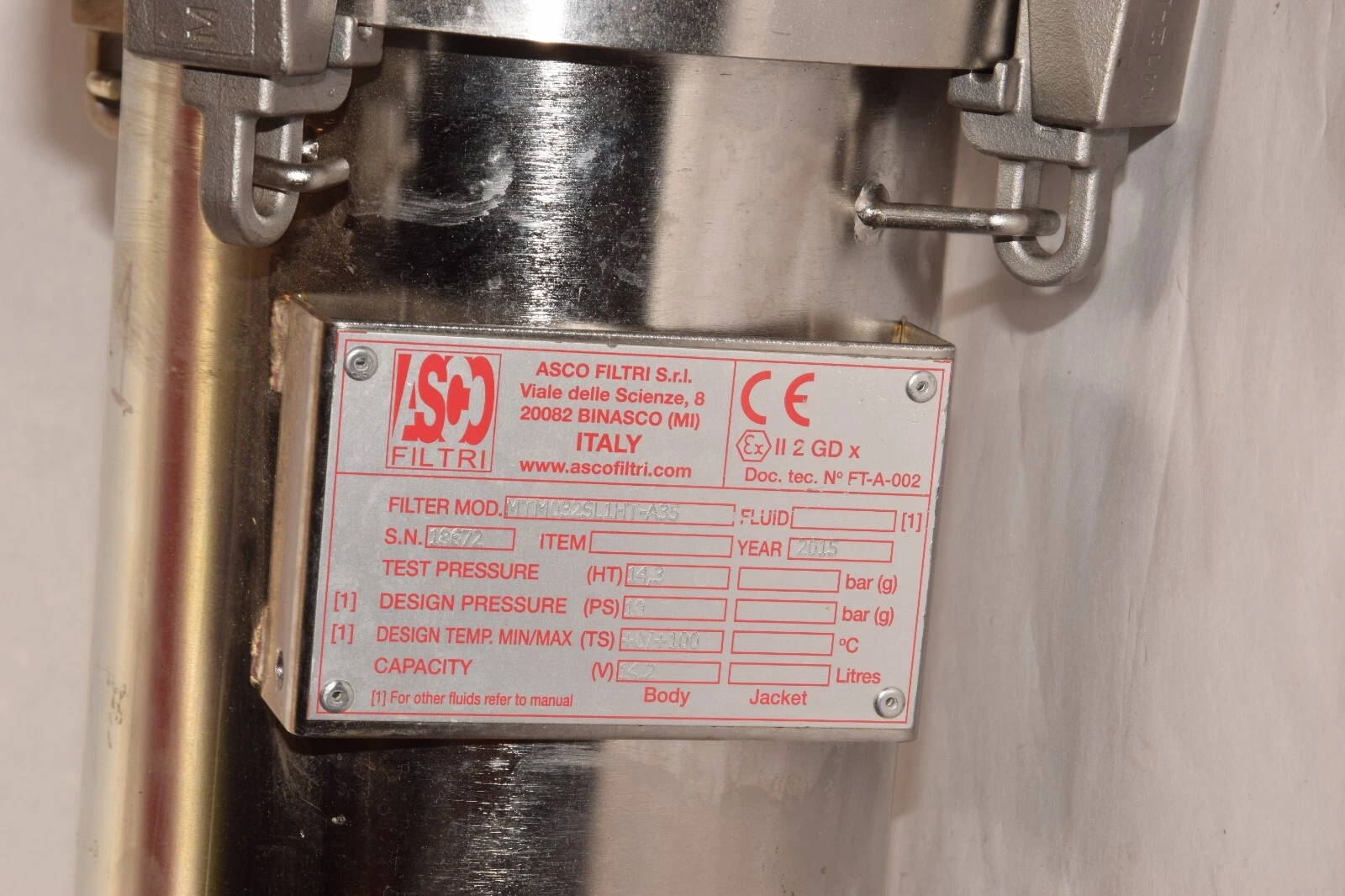 Used ASCO Stainless steel FILTRI 6" Filter Housing MTM032SL1HT-A35 1" Port Size SS