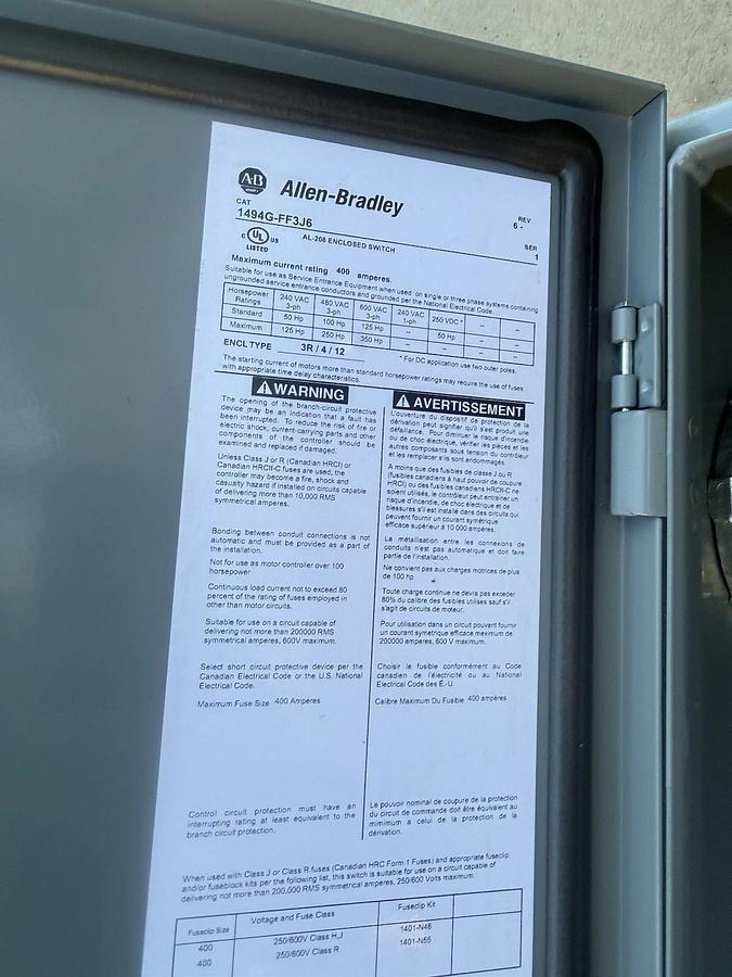 Used ALLEN BRADLEY 400 Amp 1494G-FF3J6  AL-208 Enclosed Switch Disconnect 600VAC 400A