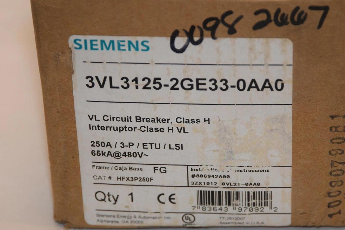 SIEMENS 3VL3125-2GE33-0AA0 CIRCUIT BREAKER 600V 250 Amp 3P HFX3P250 HFGA NEW