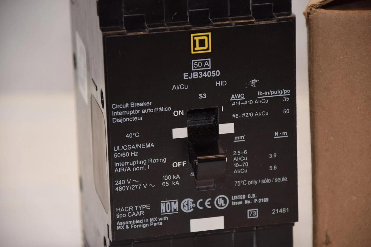 SQUARE D Circuit Breaker EJB34050 50A 50 Amp 3P 3 Pole HACR 240v 480y/277v (NEW)