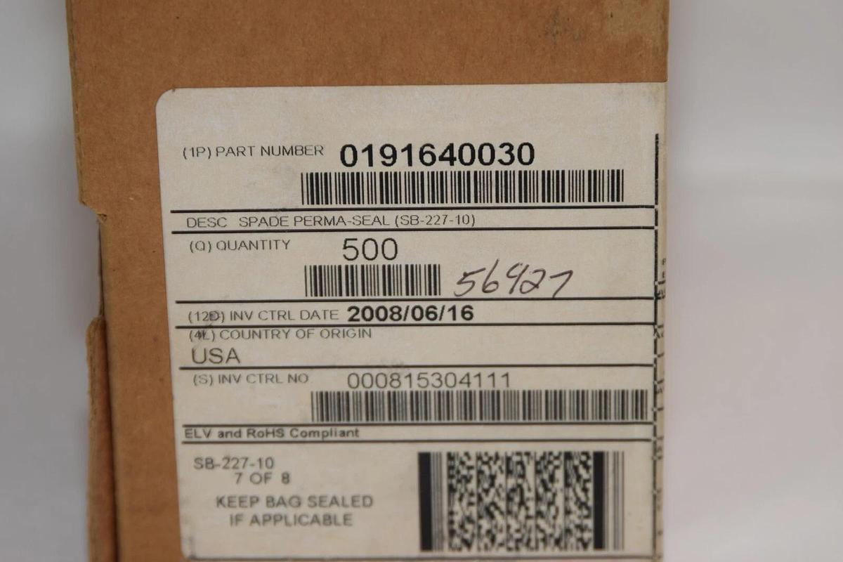 (NEW - Box 500) MOLEX 0191640030 SB-227-10 Spade Perma-Seal Terminal Connector