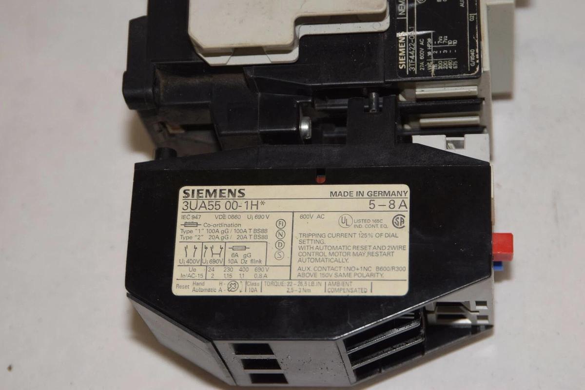 Used SIEMENS 3TF4422-0A..1 Sz Size 1 Starter 110/120v coil w/ Relay 3UA55 00-1H* 5-8A