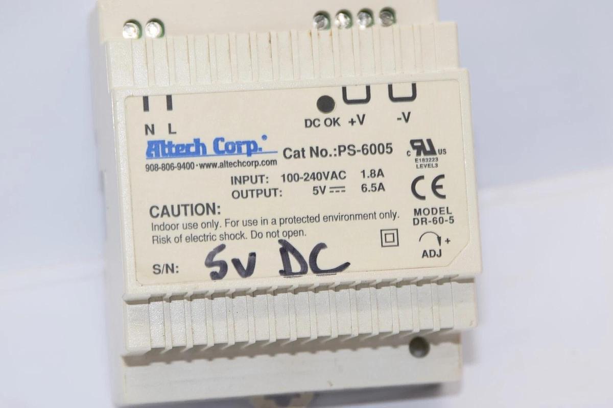 Used ALTECH CORP PS-6005 DR-60-5 Input 100-240Vac /1.8A Output 5V /6.5A Power Supply