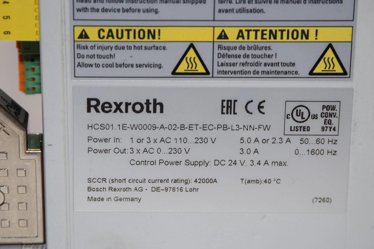 Used Rexroth Servo Drive HCS01.1E-W0009-A-02-B-ET-EC-PB-L3-NN-FW 110...230v 24vdc