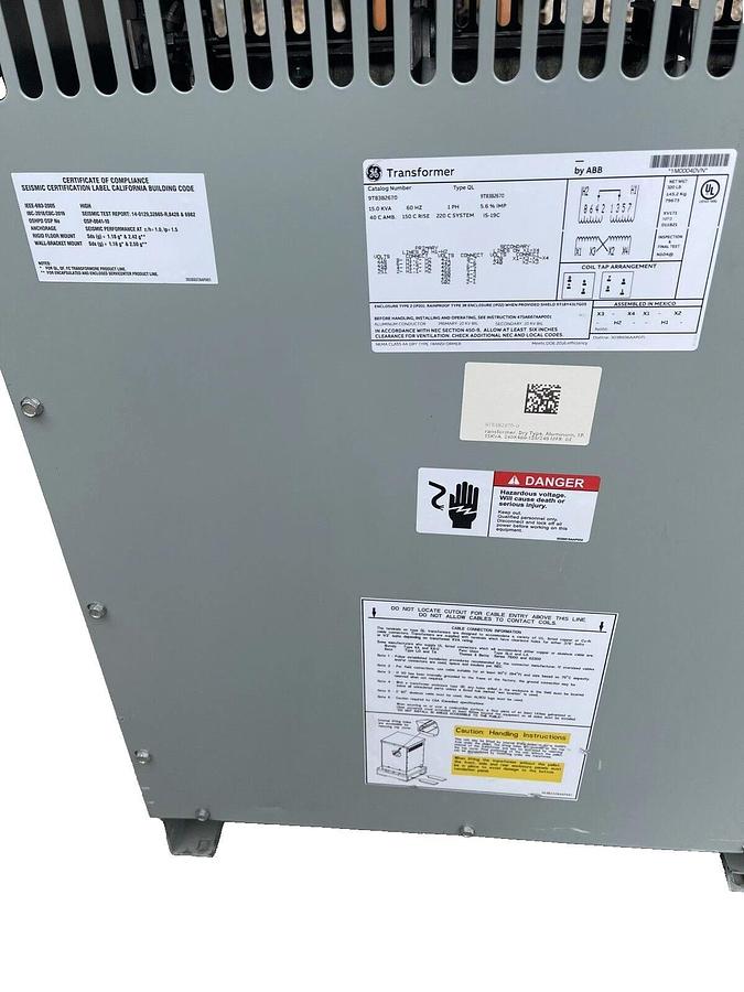 Refurbished GE Transformer 9T83B2670 1 Phase 15kVA 480V - 120/240V Type QL General Electric