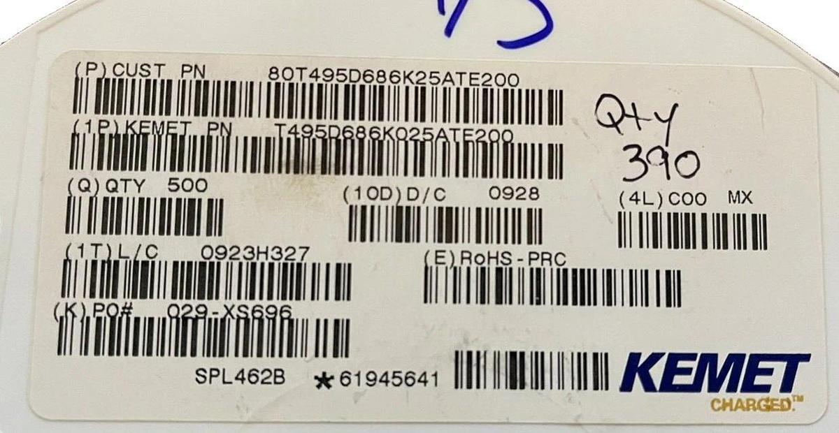 (Qty 390) Kemet T495D686K025ATE200, 68 μF, 25VDC Tantalum capacitor (Lot of 390)