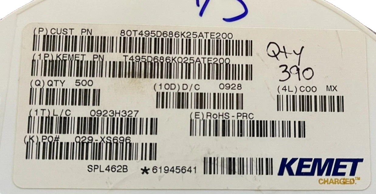 (Qty 390) Kemet T495D686K025ATE200, 68 μF, 25VDC Tantalum capacitor (Lot of 390)