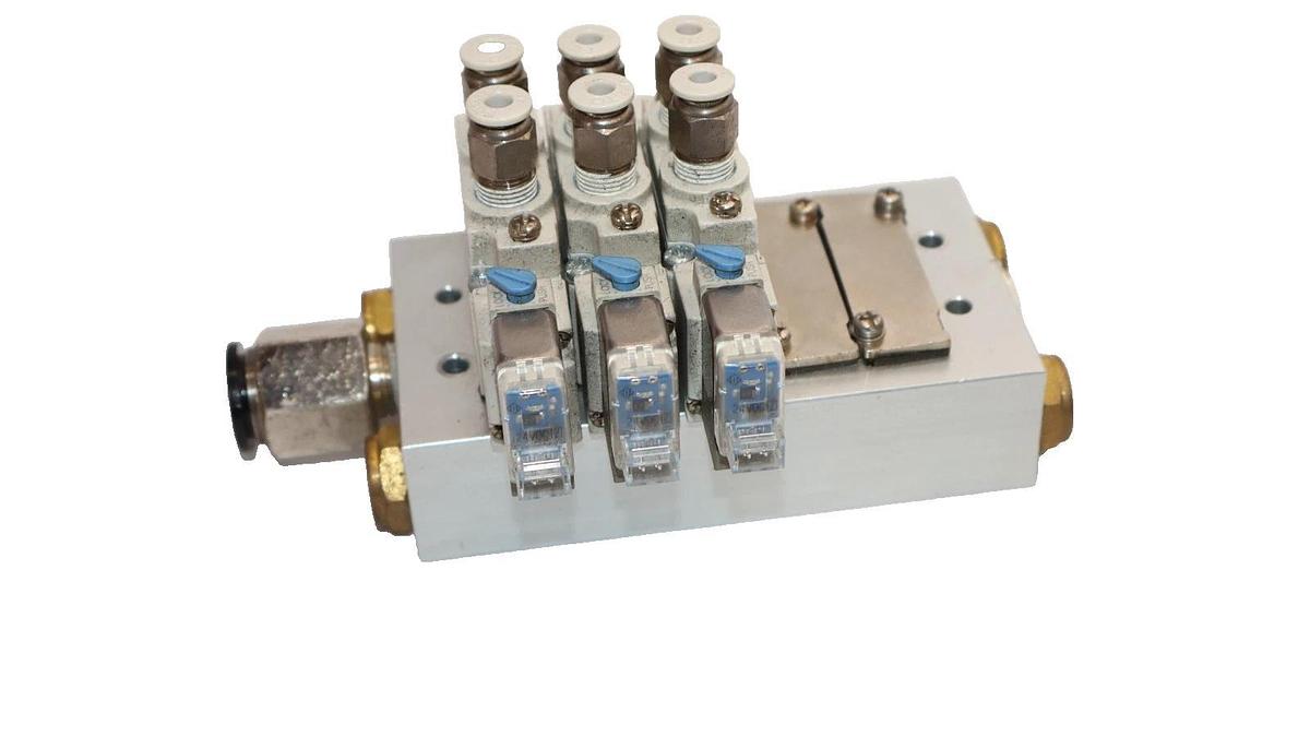 Used SMC Valve Block with (3) SY5120-5LZE-01 Solenoid Valve