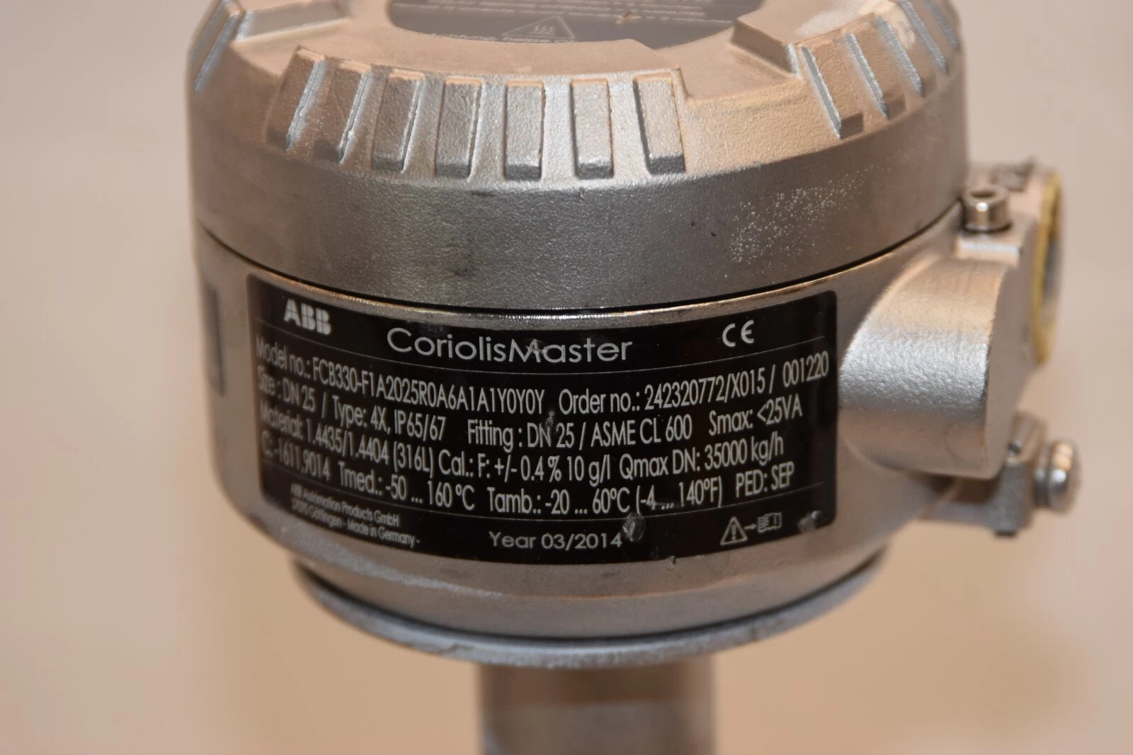 Used ABB CoriolisMater FCB330-F1A2025R0A6A1A1Y0Y0Y 1" Mass Flow Meter