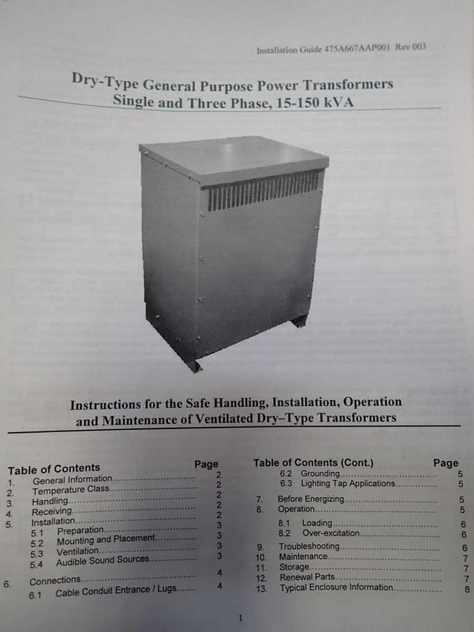 GE 45kva Transformer 9T10C1003G61 480V QL  Pri 480V Sec 208V 120V 45 kva (New)