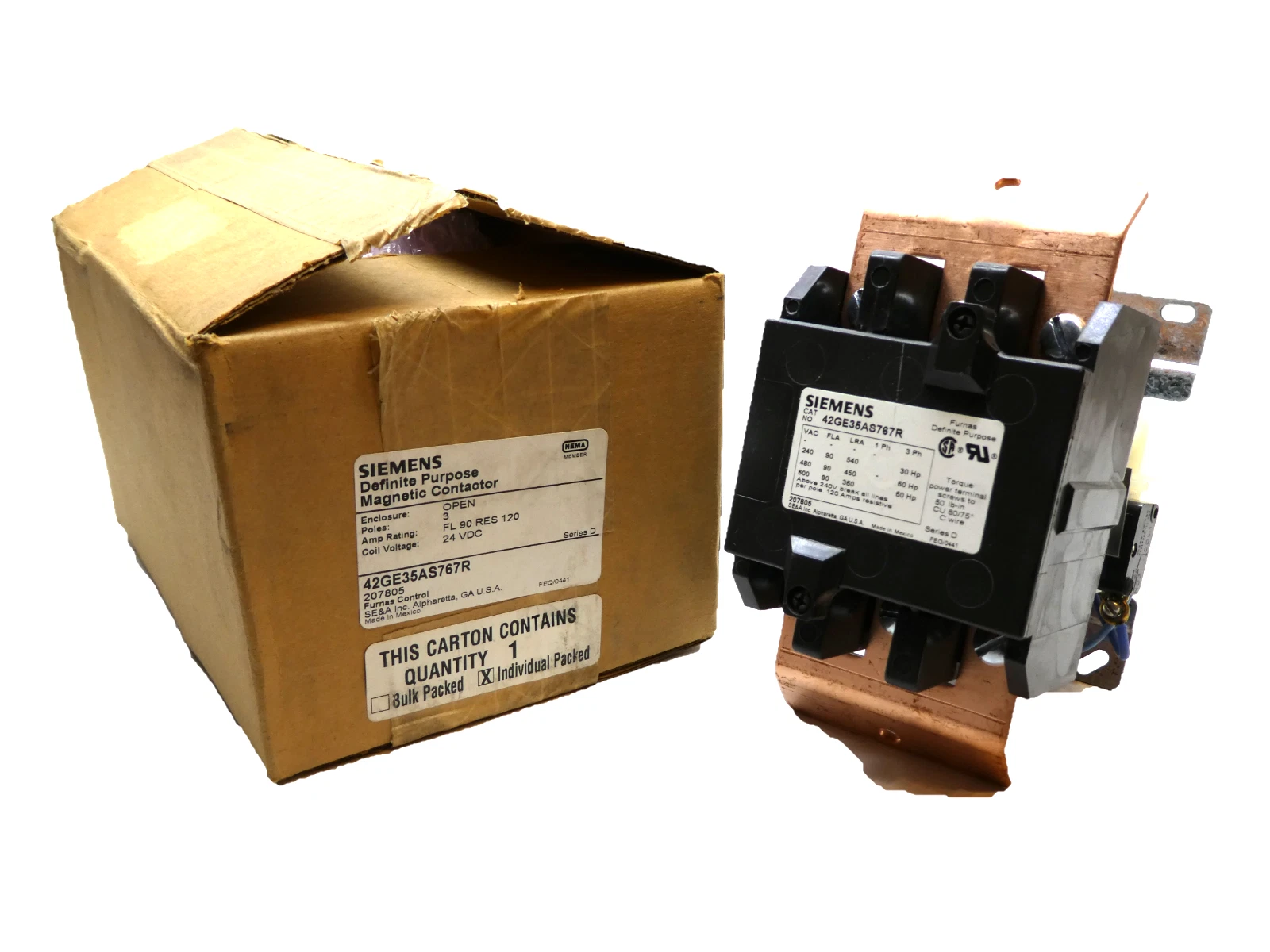 Used Siemens Definite Purpose Contactor 42GE35AS767R 3 pole 24VDC COIL 90A (NEW)