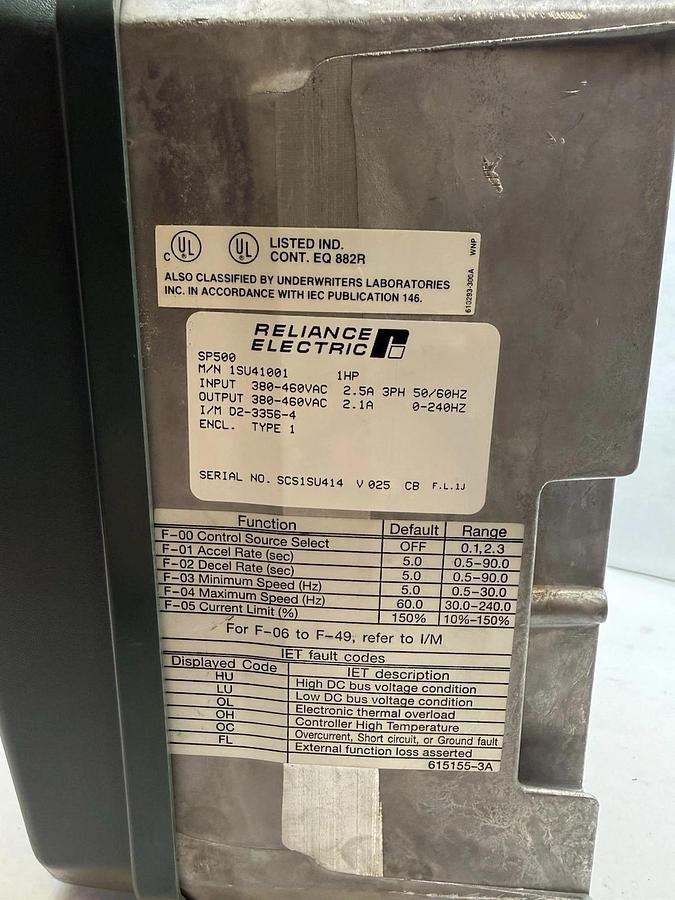 Refurbished Reliance Electric  1SU41001 SP500 VS Drive  1HP, 380 460VAC, 2.1A, 0-240HZ, 3ph