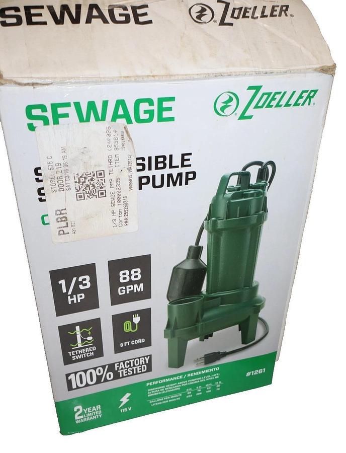 Used Zoeller Submersable Sewage Pump 1261-0001 1261 Rev A 1/3hp 115v 1P 8.4A 2" NPT