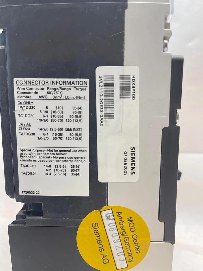 Used SIEMENS HDGA 3vl2110-2ge33-0aa0 CIRCUIT BREAKER 600V 100 Amp 100 A HDX3P100
