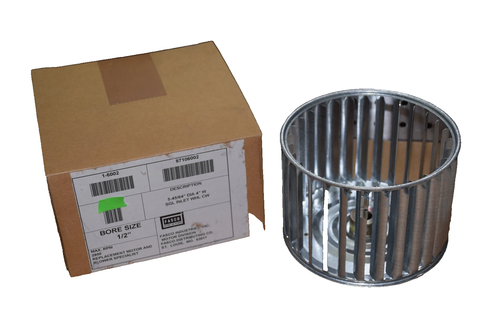 Fasco Galvanized Blower Wheel 1-6002 87106002 5-45/64" x 4" w 1/2" Bore NEW