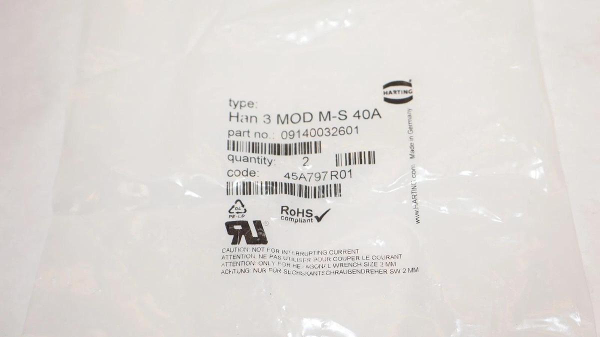 Harting Male Module Insert Han 3 MOD M-S 40A Plug 09140032601 2-Pack (New)