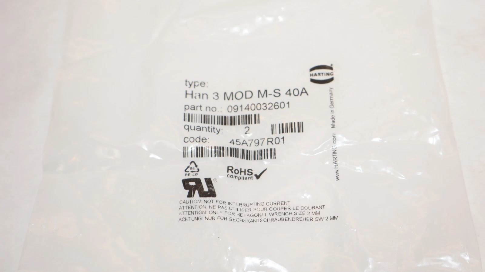 Harting Male Module Insert Han 3 MOD M-S 40A Plug 09140032601 2-Pack (New)