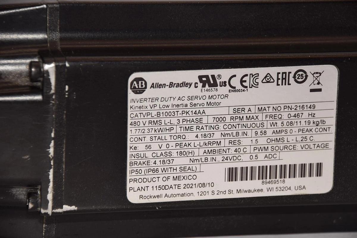 Used ALLEN BRADLEY CAT VPL-B1003T-PK14AA Series A 480V 3Ph Kinetic AC Servo Motor