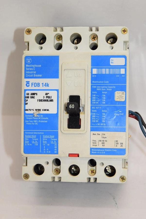 Used WESTINGHOUSE FDB3060LA05 60A Amp 3P 600Vac Ser. C Industrial Circuit Breaker