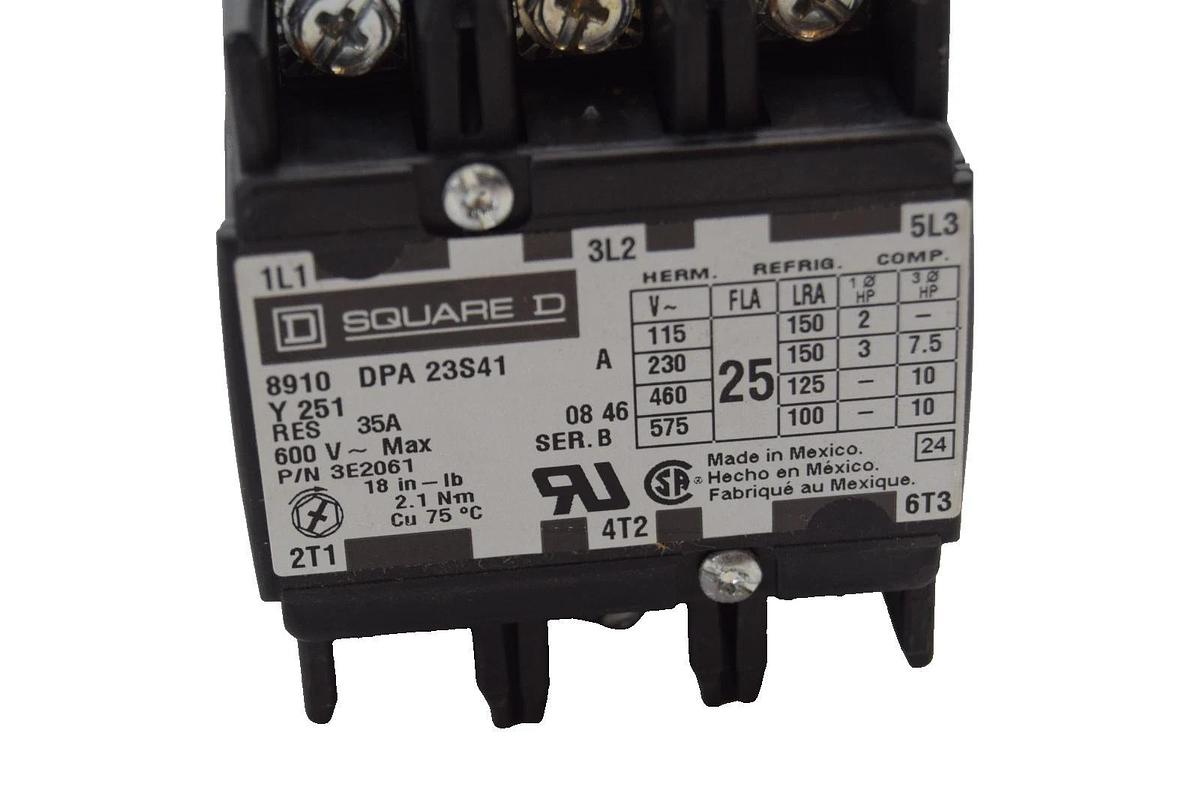 Square D Contactor 8910 DPA 23S41 Y 251 8910DPA23S41V02Y251 35A 120v coil (New)