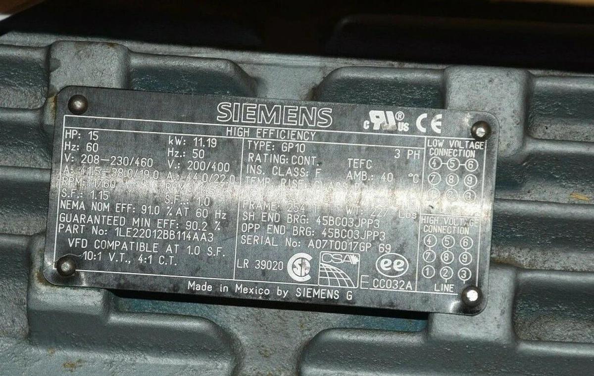 (New) Siemens 15 HP 1LE22012BB11AA3 Electric Motor GP10 254T 230V 460V 1760 RPM