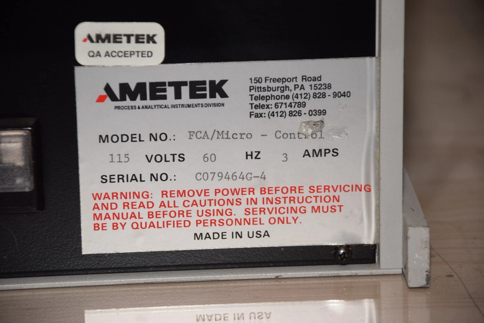 Used Ametek FCA/Micro - Control Thermox Flue Gas Monitor, FCA Micro
