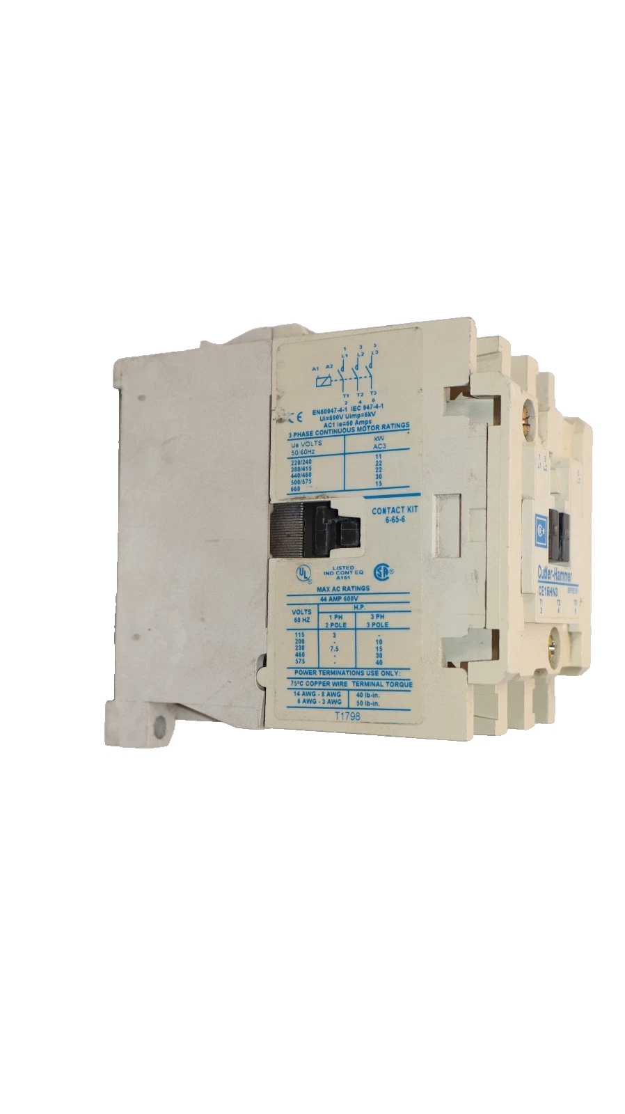 Cutler-Hammer Eaton Contactor CE15HN3 600V 60A 44 Amp 120v Coil 9-2703-1