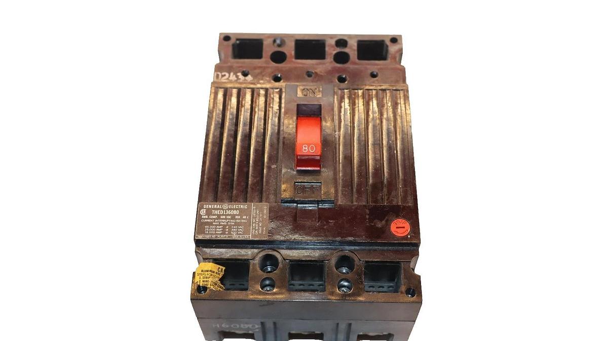 Used GE 80A 80 Amp Circuit Breaker THED136080 600V 3-Pole General Electric